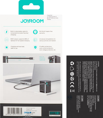 Joyroom JR-TCL02 USB-C Cabled Network Charger JR-TCL02, 65W, 3A, 1 x USB-A - 1 x USB-C, Black 