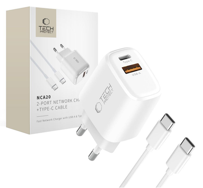 Omrežni polnilec s kablom USB-C Tech-Protect NCA20, 20W, 3A, 1 x USB-A - 1 x USB-C, bel