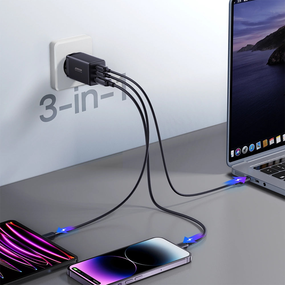 Polnilnik omrežja s kablom USB-C Joyroom TCG01, 65W, 3.25A, 1 x USB-A - 2 x USB-C, črn