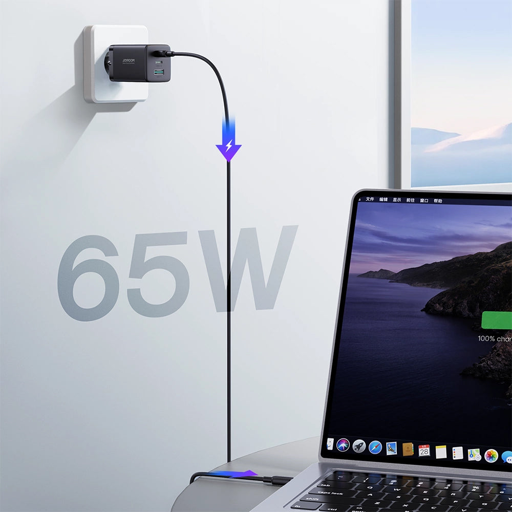 Polnilnik omrežja s kablom USB-C Joyroom TCG01, 65W, 3.25A, 1 x USB-A - 2 x USB-C, črn
