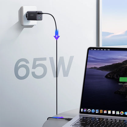 Polnilnik omrežja s kablom USB-C Joyroom TCG01, 65W, 3.25A, 1 x USB-A - 2 x USB-C, črn