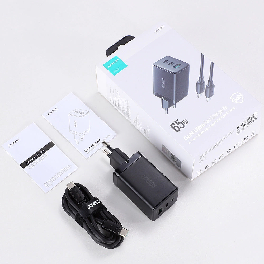 Polnilnik omrežja s kablom USB-C Joyroom TCG01, 65W, 3.25A, 1 x USB-A - 2 x USB-C, črn