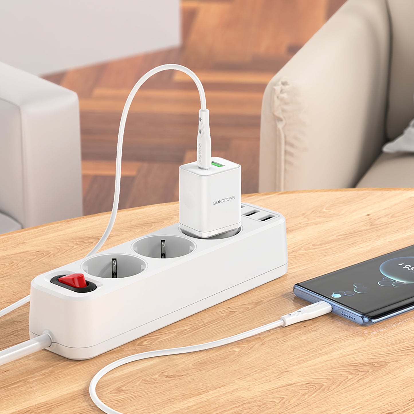 Omrežni polnilnik s kablom USB-C Borofone BN7, 20 W, 3A, 1 x USB-A - 1 x USB-C, bel 