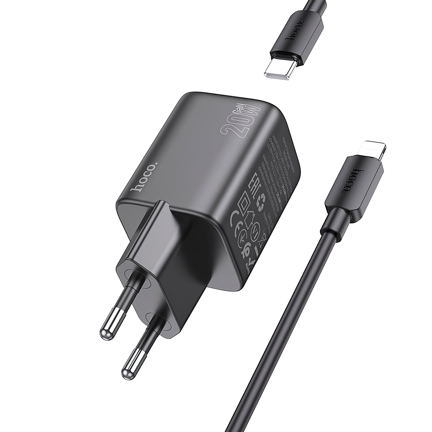 Network Charger with Lightning Cable HOCO N40, 20W, 3A, 1 x USB-C, Black 