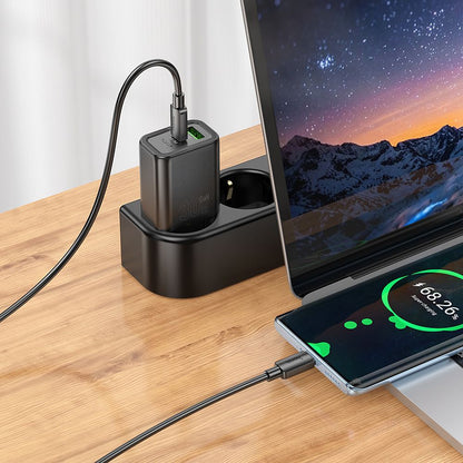 Omrežni polnilec s kablom USB-C HOCO N63, 30W, 3A, 1 x USB-A - 1 x USB-C, črn