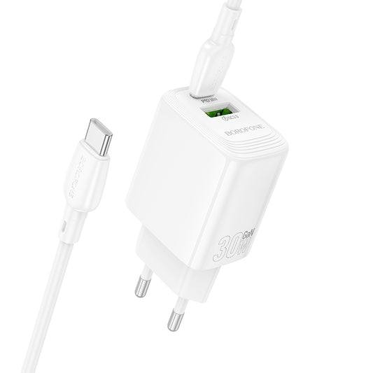 Polnilnik omrežja s kablom USB-C Borofone BN29 Fuente, 30W, 3A, 1 x USB-A - 1 x USB-C, bel