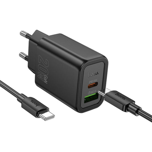 Polnilnik omrežja s kablom Lightning HOCO N61, 20W, 3A, 1 x USB-A - 1 x USB-C, črn
