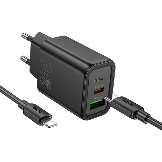 Polnilnik omrežja s kablom Lightning HOCO N63, 30W, 3A, 1 x USB-A - 1 x USB-C, črn