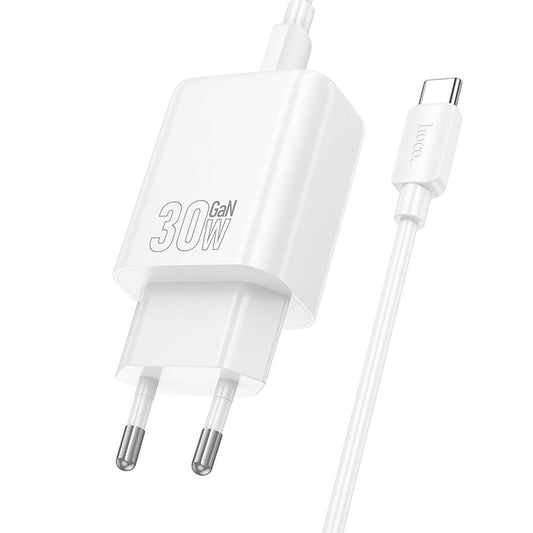 Polnilnik omrežja s kablom USB-C HOCO N62, 30W, 3A, 1 x USB-C, Bel