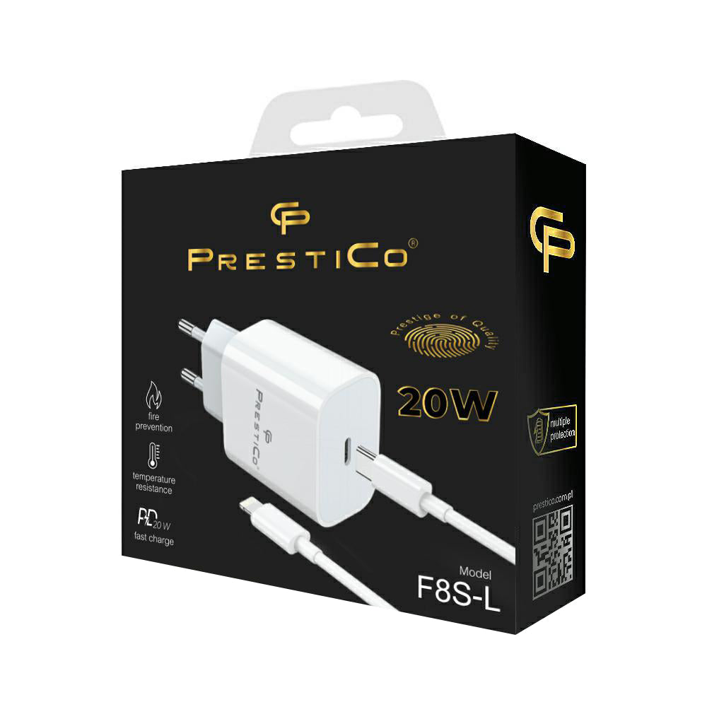 Polnilnik Prestico F8S z Lightning kablom, 20W, 3A, 1 x USB-C, bel