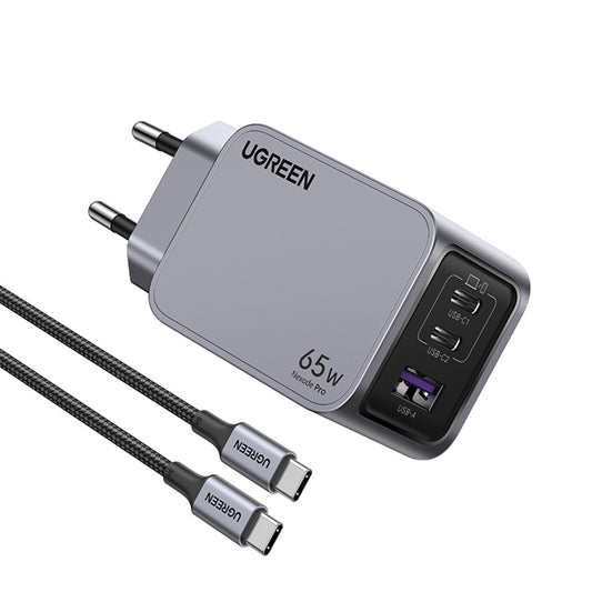Polnilnik omrežja s kablom USB-C UGREEN X755 Nexode Pro, 65W, 3A, 1 x USB-A - 2 x USB-C, siv