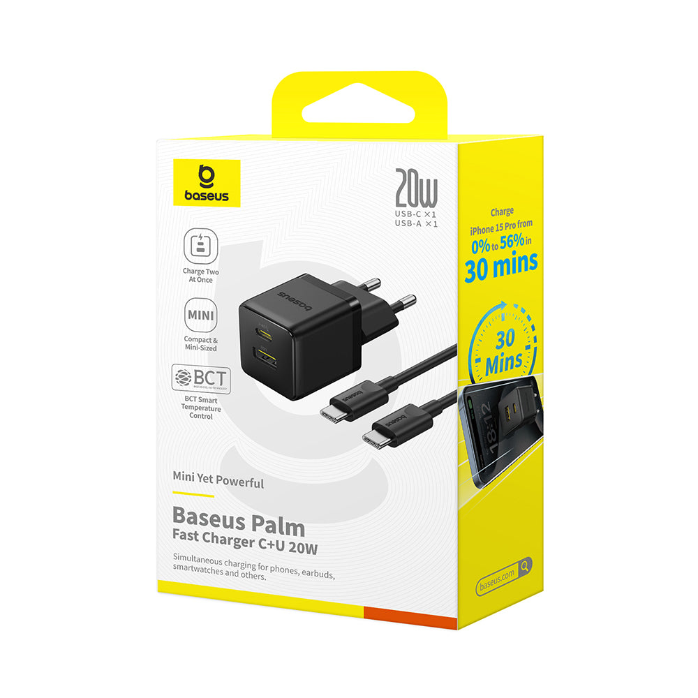 Polnilnik Baseus Palm z USB-C kablom, 20W, 3A, 1 x USB-A - 1 x USB-C, črn P10111608113-01
