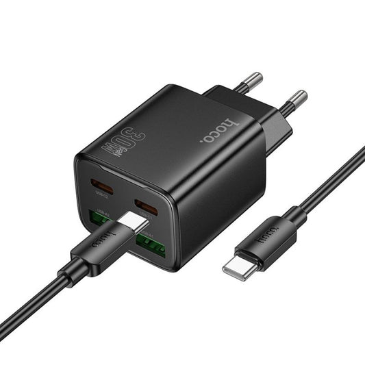 Polnilnik omrežja s kablom USB-C HOCO N56, 30W, 3A, 2 x USB-A - 2 x USB-C, črn