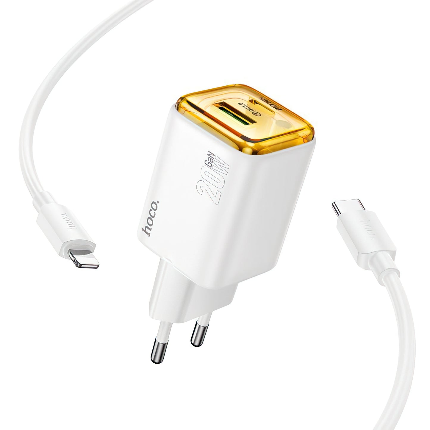 Polnilnik omrežja s kablom Lightning HOCO N52, 20W, 3A, 1 x USB-A - 1 x USB-C, bel
