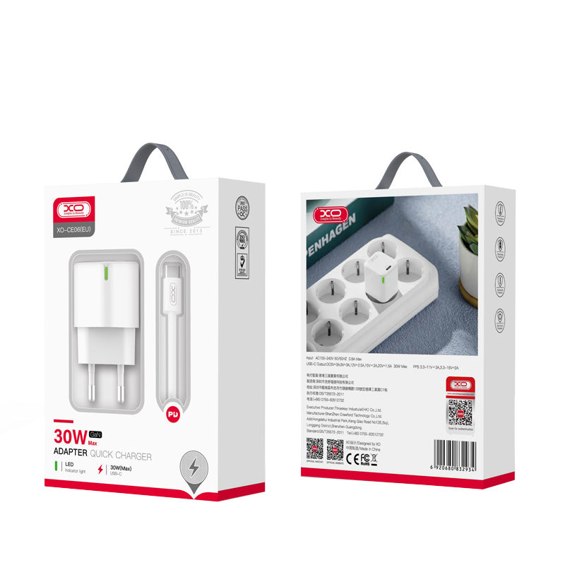 Polnilnik omrežja s kablom USB-C XO Design CE06, 30W, 3A, 1 x USB-C, Bel