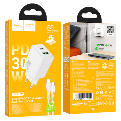 Polnilnik omrežja s kablom USB-C HOCO N71, 30W, 3A, 1 x USB-A - 1 x USB-C, bel