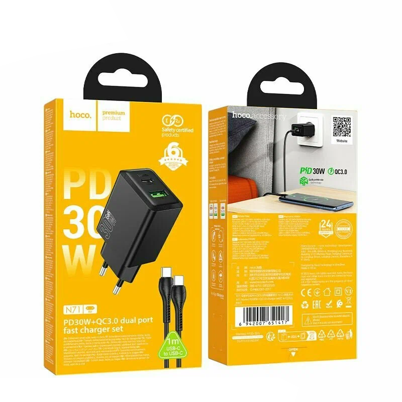 Polnilnik omrežja s kablom USB-C HOCO N71, 30W, 3A, 1 x USB-A - 1 x USB-C, črn