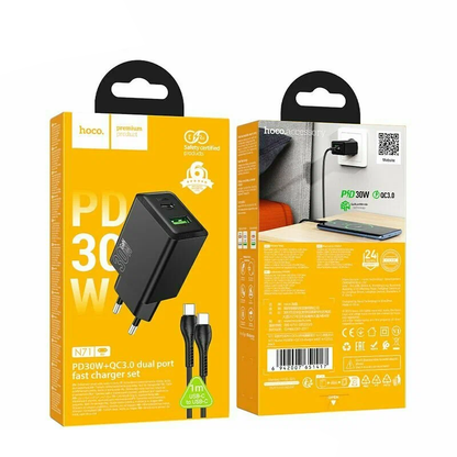 Polnilnik omrežja s kablom USB-C HOCO N71, 30W, 3A, 1 x USB-A - 1 x USB-C, črn