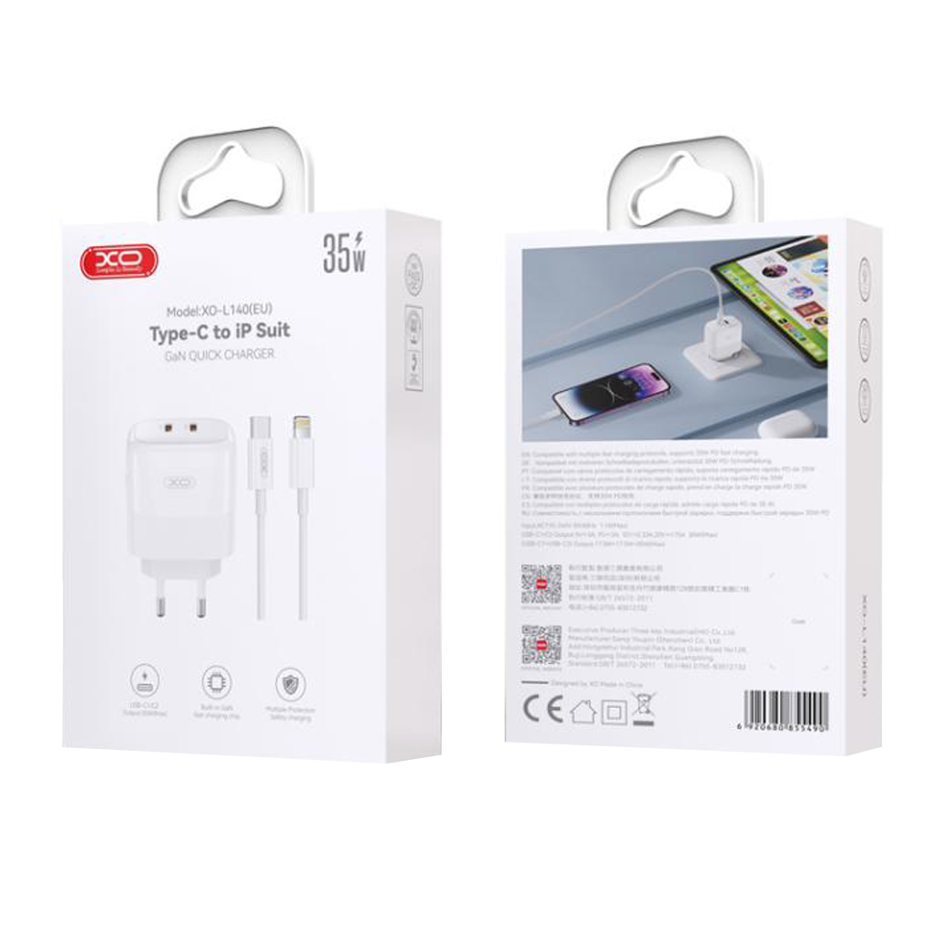 Omrežni polnilec s kablom Lightning XO Design L140, 35W, 3A, 2 x USB-C, Bel