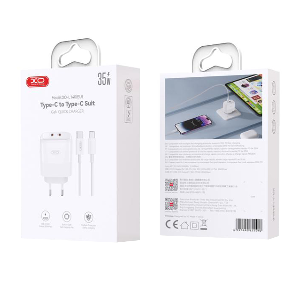 Omrežni polnilec s kablom USB-C XO Design L140, 35W, 3A, 2 x USB-C, Bel