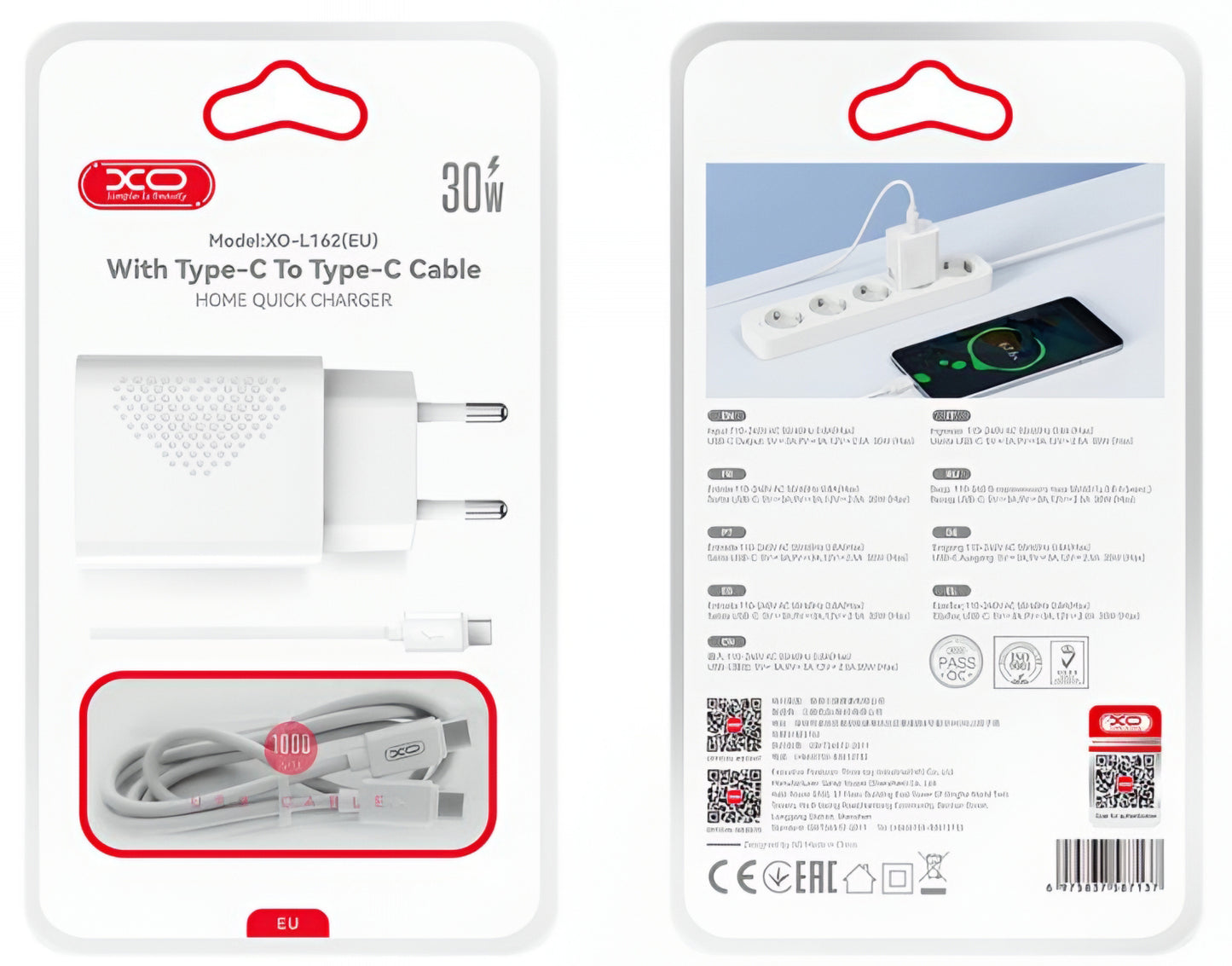 Polnilnik omrežja s kablom USB-C XO Design L162, 30W, 3A, 1 x USB-C, Bel