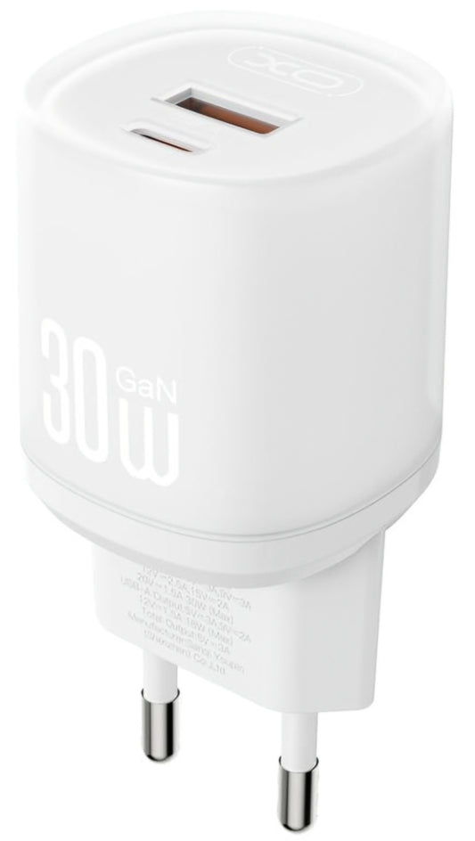 Omrežni polnilec s kablom USB-C XO Design L151, 30W, 3A, 1 x USB-A - 1 x USB-C, Bel