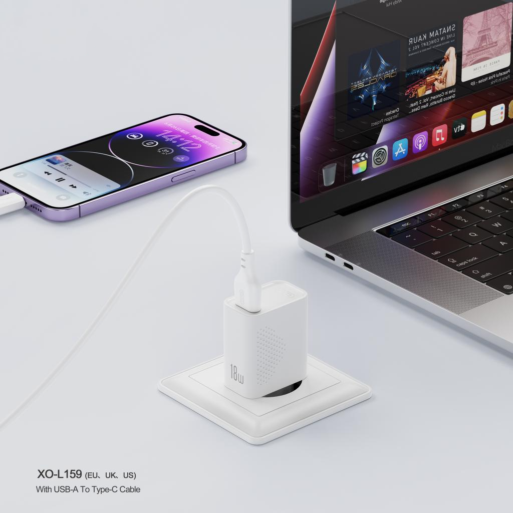 Polnilnik omrežja s kablom USB-C XO Design L159, 18W, 3A, 1 x USB-A, Bel