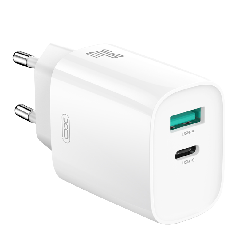 Polnilnik za omrežje z Lightning kablom XO Design CE30, 30W, 3A, 1 x USB-A - 1 x USB-C, Bel