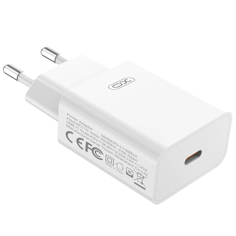 Omrežni polnilec z Lightning kablom XO Design L126, 20W, 3A, 1 x USB-C, bel