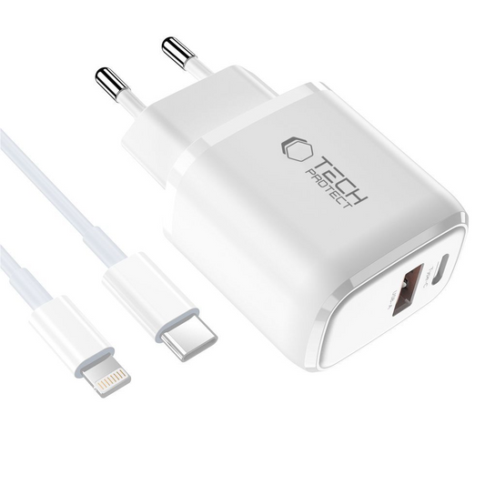 Omrežni polnilec s kablom Lightning Tech-Protect NCA20, 20W, 3A, 1 x USB-A - 1 x USB-C, bel
