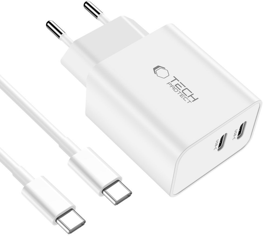 Omrežni polnilec s kablom USB-C Tech-Protect C35W, 35W, 3A, 2 x USB-C, bel
