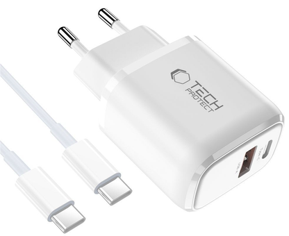 Omrežni polnilec s kablom USB-C Tech-Protect NCA20, 20W, 3A, 1 x USB-A - 1 x USB-C, bel