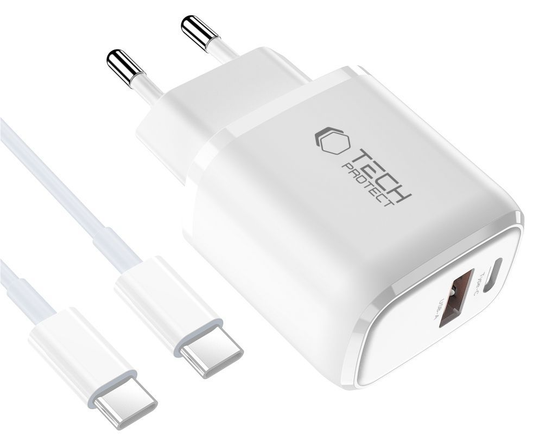 Omrežni polnilec s kablom USB-C Tech-Protect NCA20, 20W, 3A, 1 x USB-A - 1 x USB-C, bel