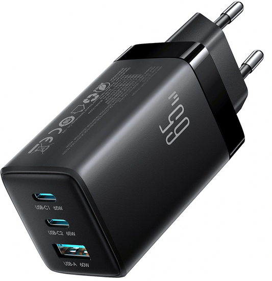 Omrežni polnilec z USB-C kablom Joyroom JR-TG10, 65W, 3,25A, 1 x USB-A - 2 x USB-C, črn