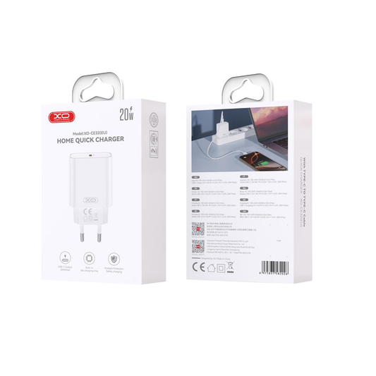Omrežni polnilec z Lightning kablom XO Design CE32, 20W, 3A, 1 x USB-C, bel