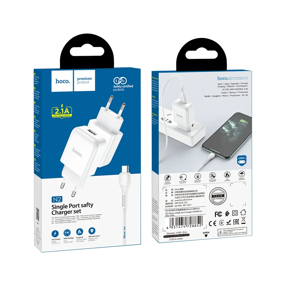 Polnilnik omrežja s kablom microUSB HOCO N3, 18W, 3A, 1 x USB-A, Bel