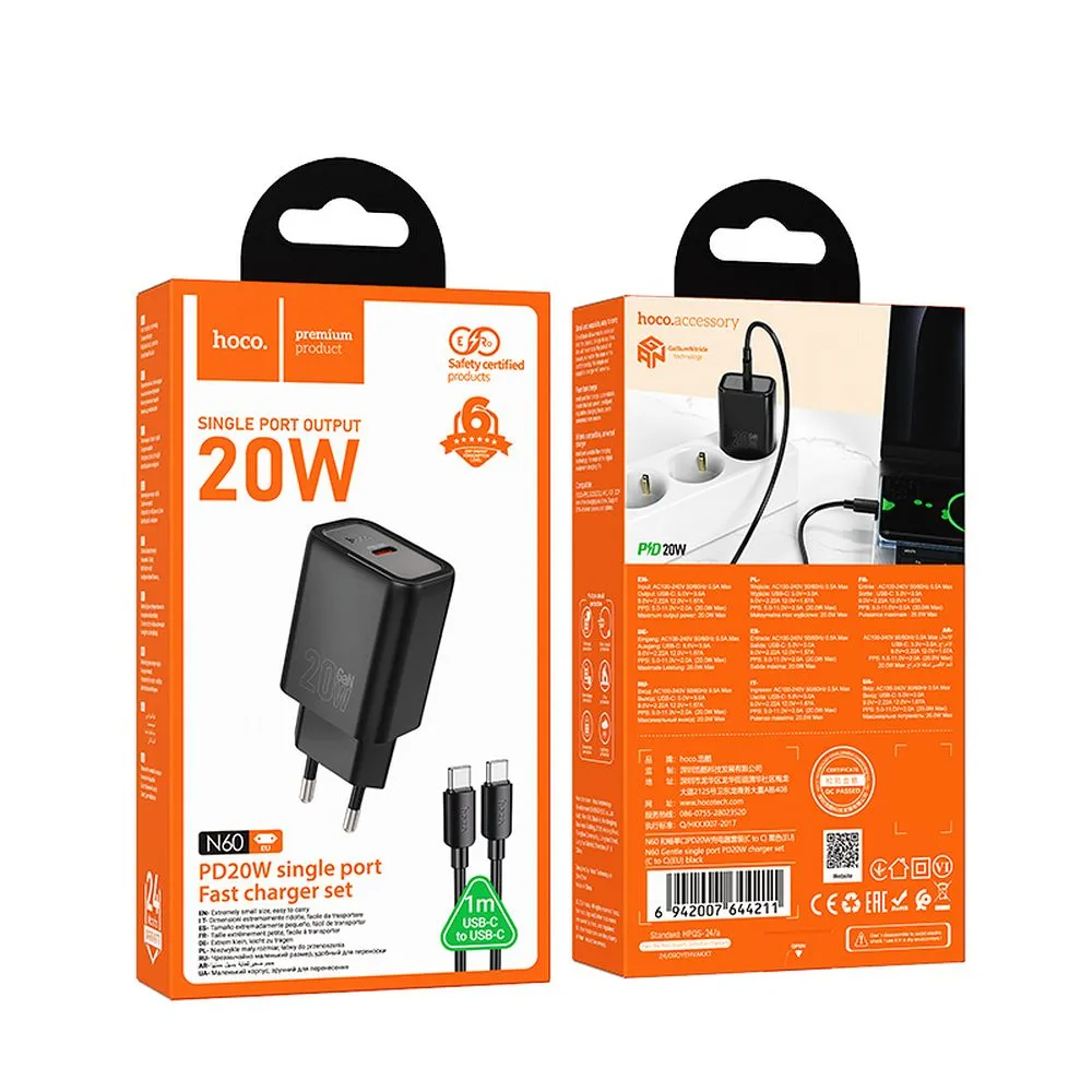 Omrežni polnilec s kablom Lightning HOCO N60, 20W, 3A, 1 x USB-C, črn