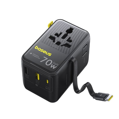 Omrežni polnilec z USB-C kablom Baseus Travel EnerCore CG11, 70W, 2 x vtičnica - 1 x USB-C - 2 x USB-A, črn E0307E00