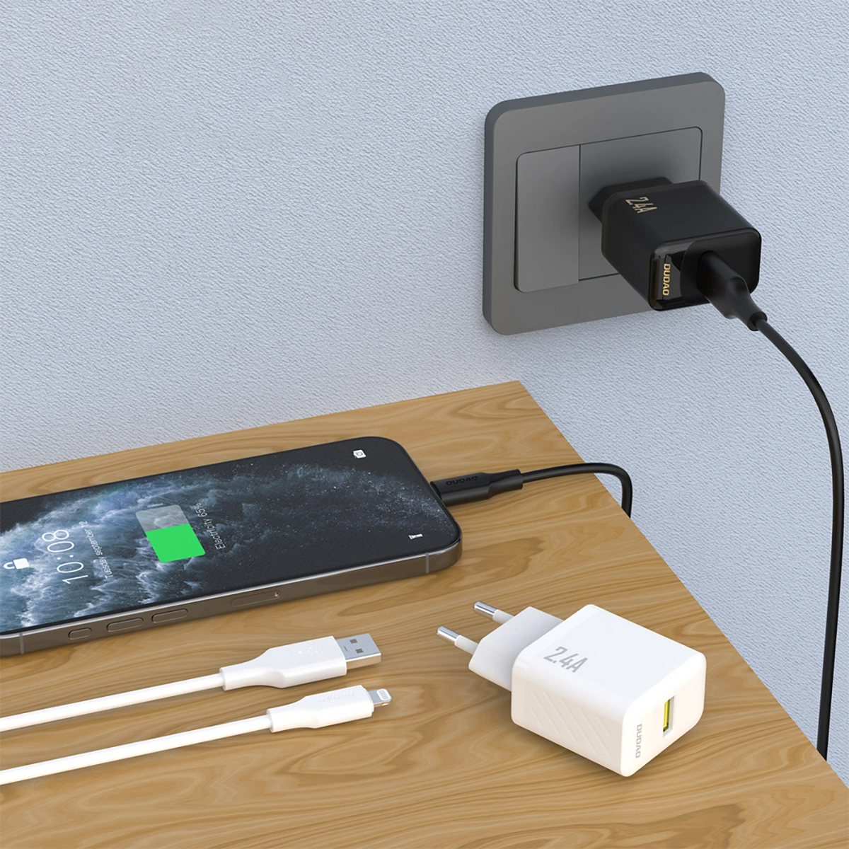 Omrežni polnilec z Lightning kablom Dudao A23LEU, 30W, 2.4A, 1 x USB-A, bel