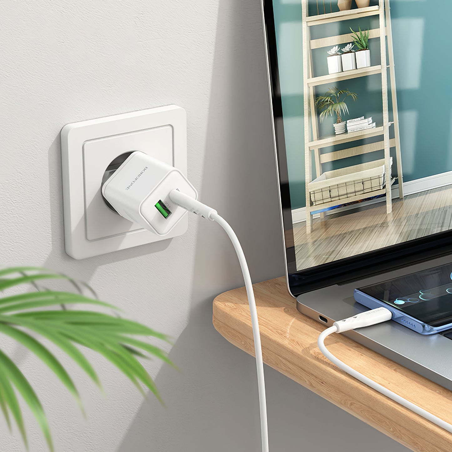 Omrežni polnilnik s kablom USB-C Borofone BN7, 20 W, 3A, 1 x USB-A - 1 x USB-C, bel 
