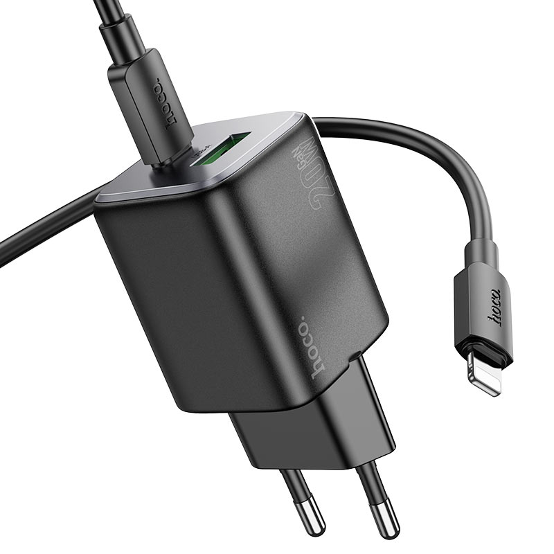 Network Charger with Lightning Cable HOCO N41, 20W, 3A, 1 x USB-A - 1 x USB-C, Black