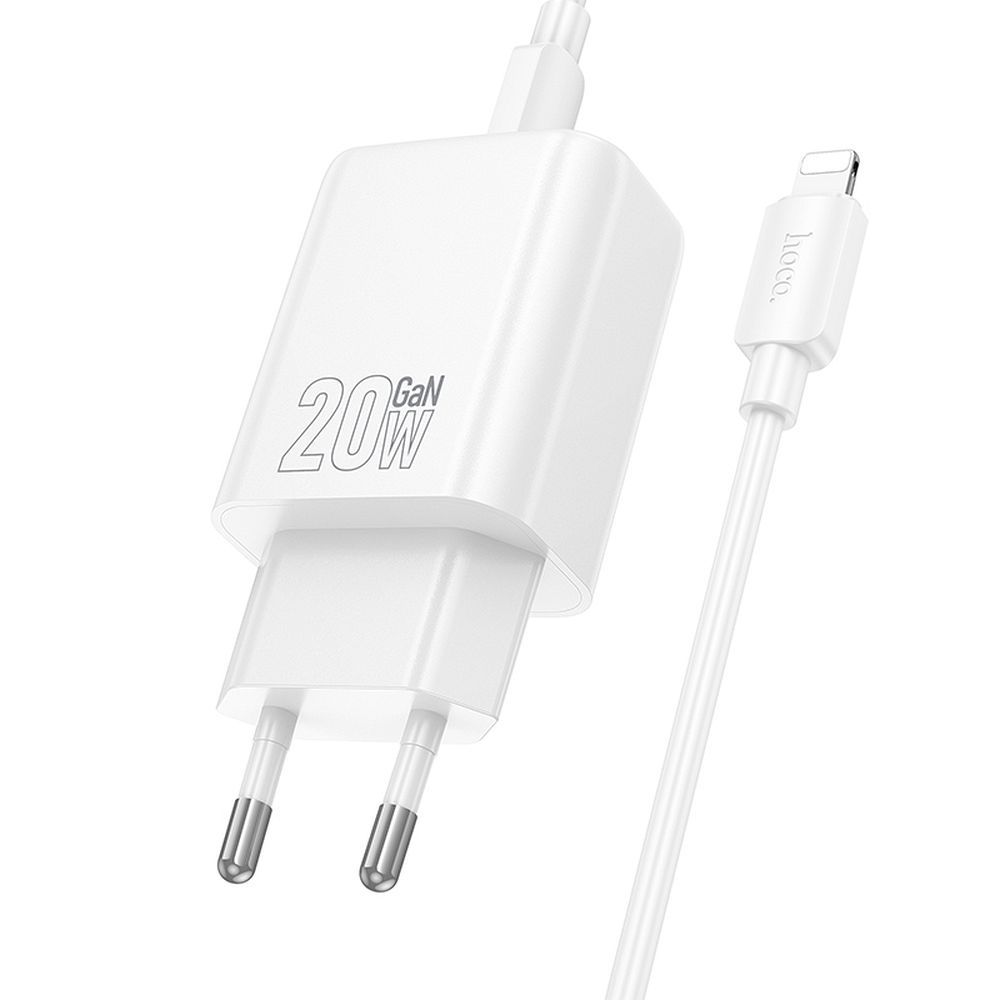 Polnilnik omrežja s kablom Lightning HOCO N61, 20W, 3A, 1 x USB-A - 1 x USB-C, bel