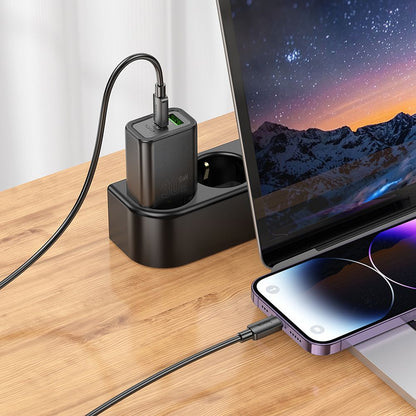 Polnilnik omrežja s kablom Lightning HOCO N63, 30W, 3A, 1 x USB-A - 1 x USB-C, črn