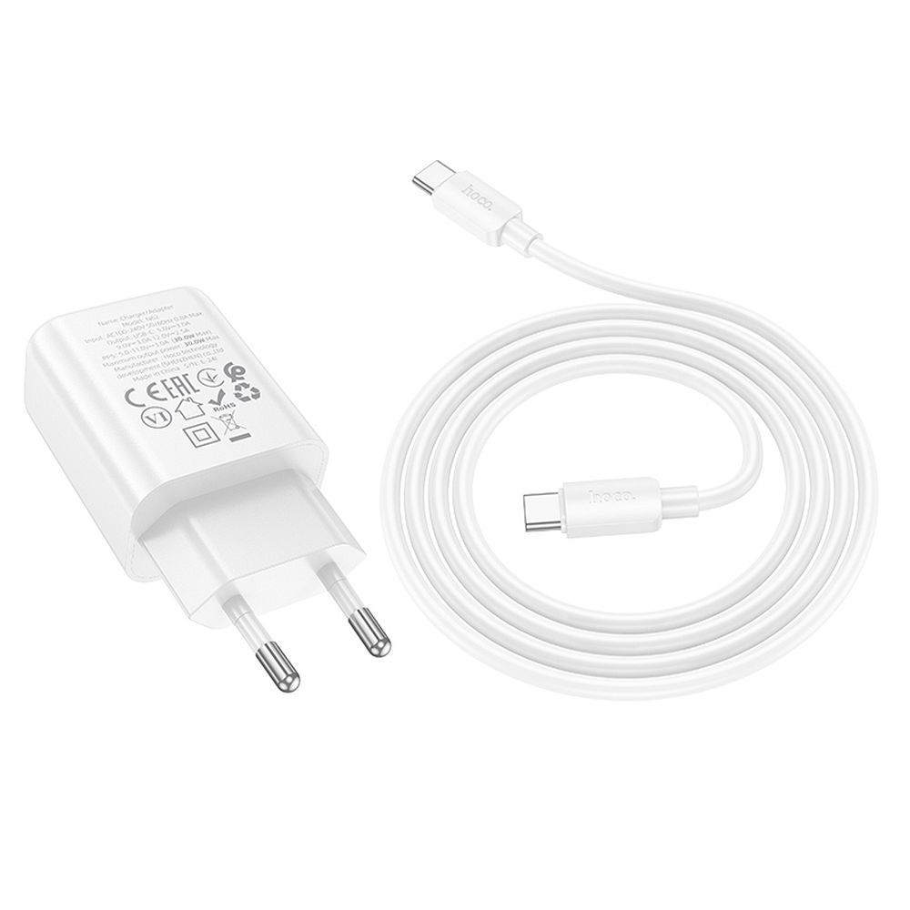 Polnilnik omrežja s kablom USB-C HOCO N62, 30W, 3A, 1 x USB-C, Bel