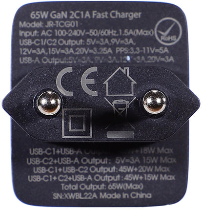 Polnilnik omrežja s kablom USB-C Joyroom TCG01, 65W, 3.25A, 1 x USB-A - 2 x USB-C, črn