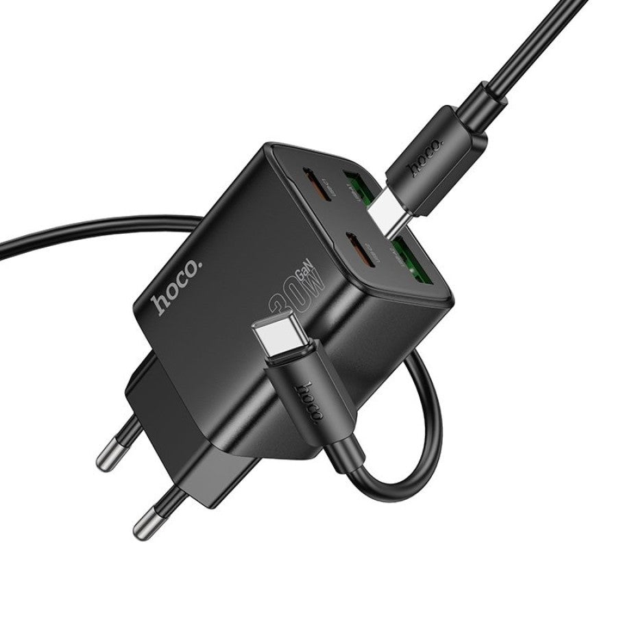 Polnilnik omrežja s kablom USB-C HOCO N56, 30W, 3A, 2 x USB-A - 2 x USB-C, črn