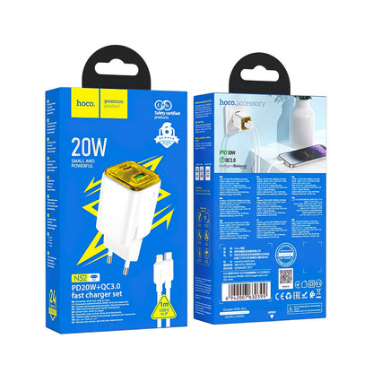 Polnilnik omrežja s kablom Lightning HOCO N52, 20W, 3A, 1 x USB-A - 1 x USB-C, bel
