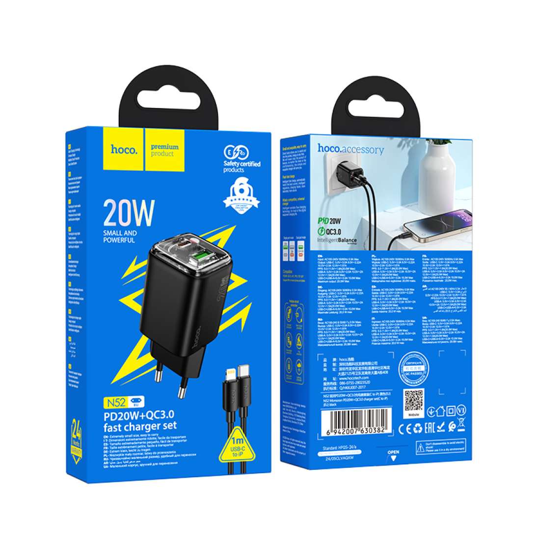 Omrežni polnilec s kablom Lightning HOCO N52, 20W, 3A, 1 x USB-A - 1 x USB-C, črn