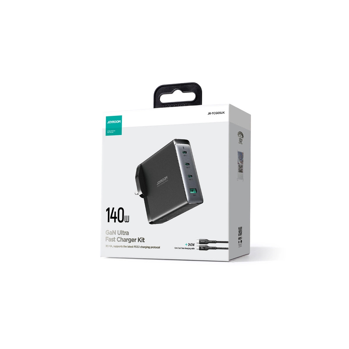 Omrežni polnilec z USB-C kablom Joyroom JR-TCG05UK, 140W, 5A, 1 x USB-A - 3 x USB-C, UK, črn