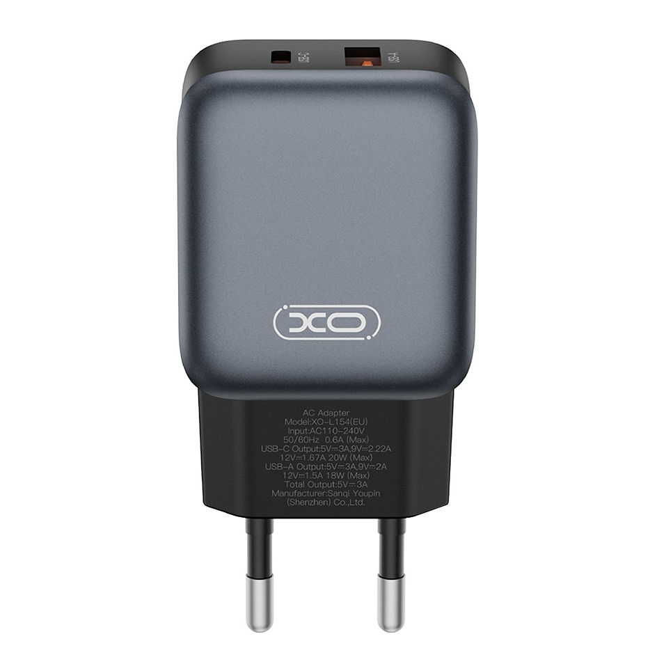 Polnilnik za omrežje s kablom Lightning XO Design L154, 20W, 3A, 1 x USB-A - 1 x USB-C, črn